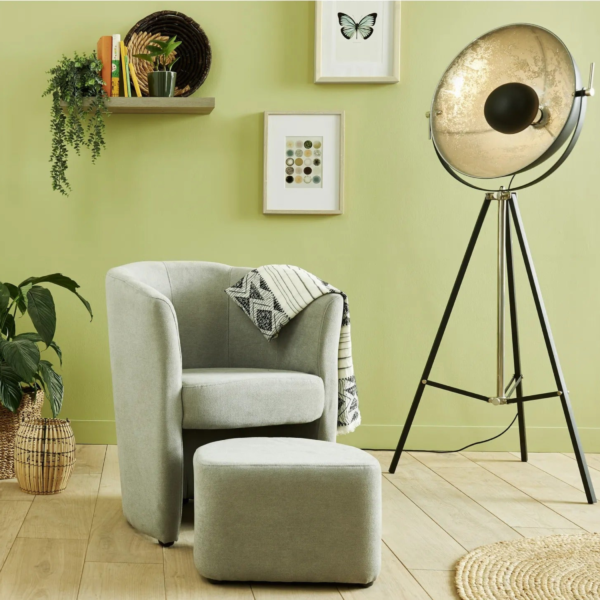 Fauteuil cabriolet et pouf CLAYTON tissu Soro gris clair