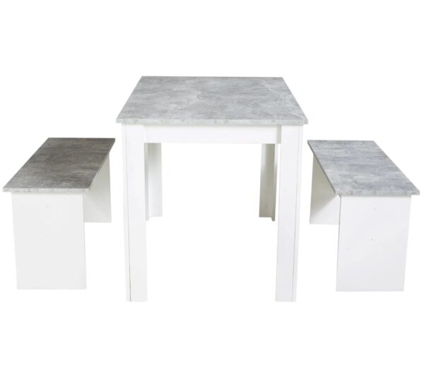 Ensemble table à manger et 2 bancs design PASTA Blanc et imitation béton – Image 7