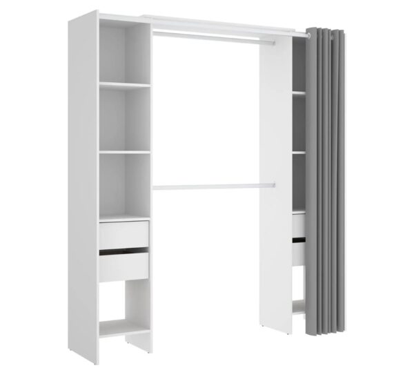 Armoire Dressing Extensible Avec Rideau + 4 Tiroirs Coloris Blanc - L. 100-180 X H. 203 X P. 50 Cm – Image 3