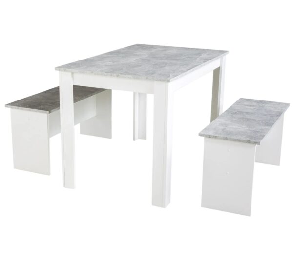 Ensemble table à manger et 2 bancs design PASTA Blanc et imitation béton – Image 2
