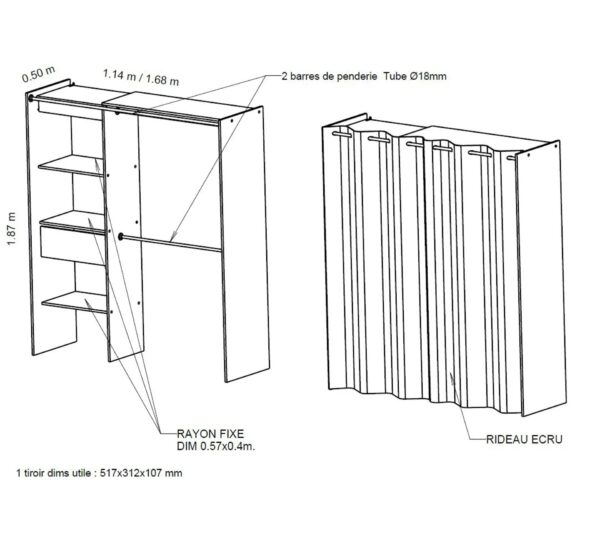 Armoire dressing extensible avec rideau MOKA imitation chêne foncé wengé – Image 6