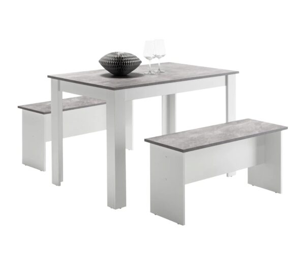 Ensemble table à manger et 2 bancs design PASTA Blanc et imitation béton – Image 8