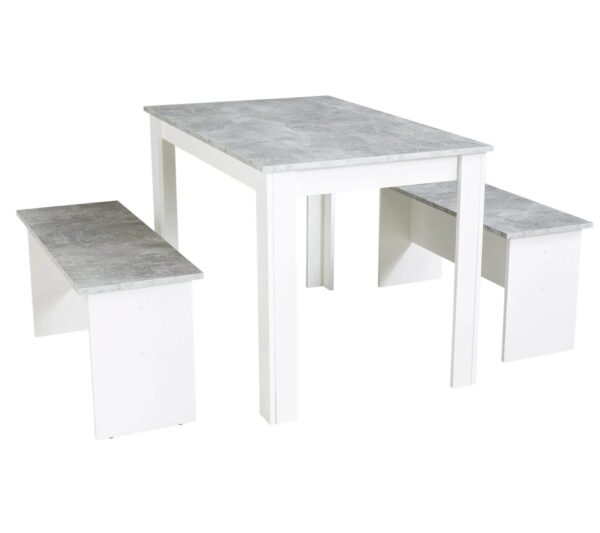Ensemble table à manger et 2 bancs design PASTA Blanc et imitation béton – Image 5